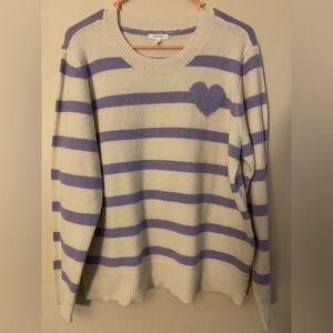 Maurices Cream & Lavender Striped Heart Crewneck Sweater
